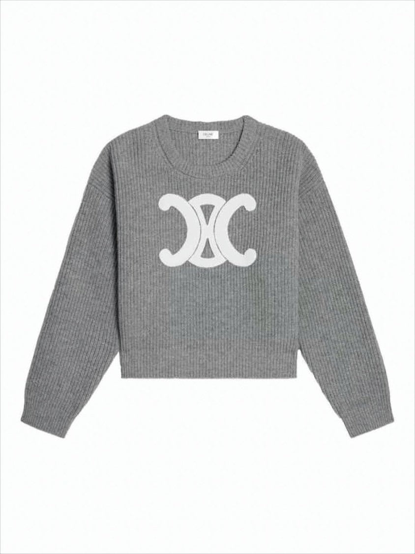 Ribbed Knit Sweater with Center Logo Emblem