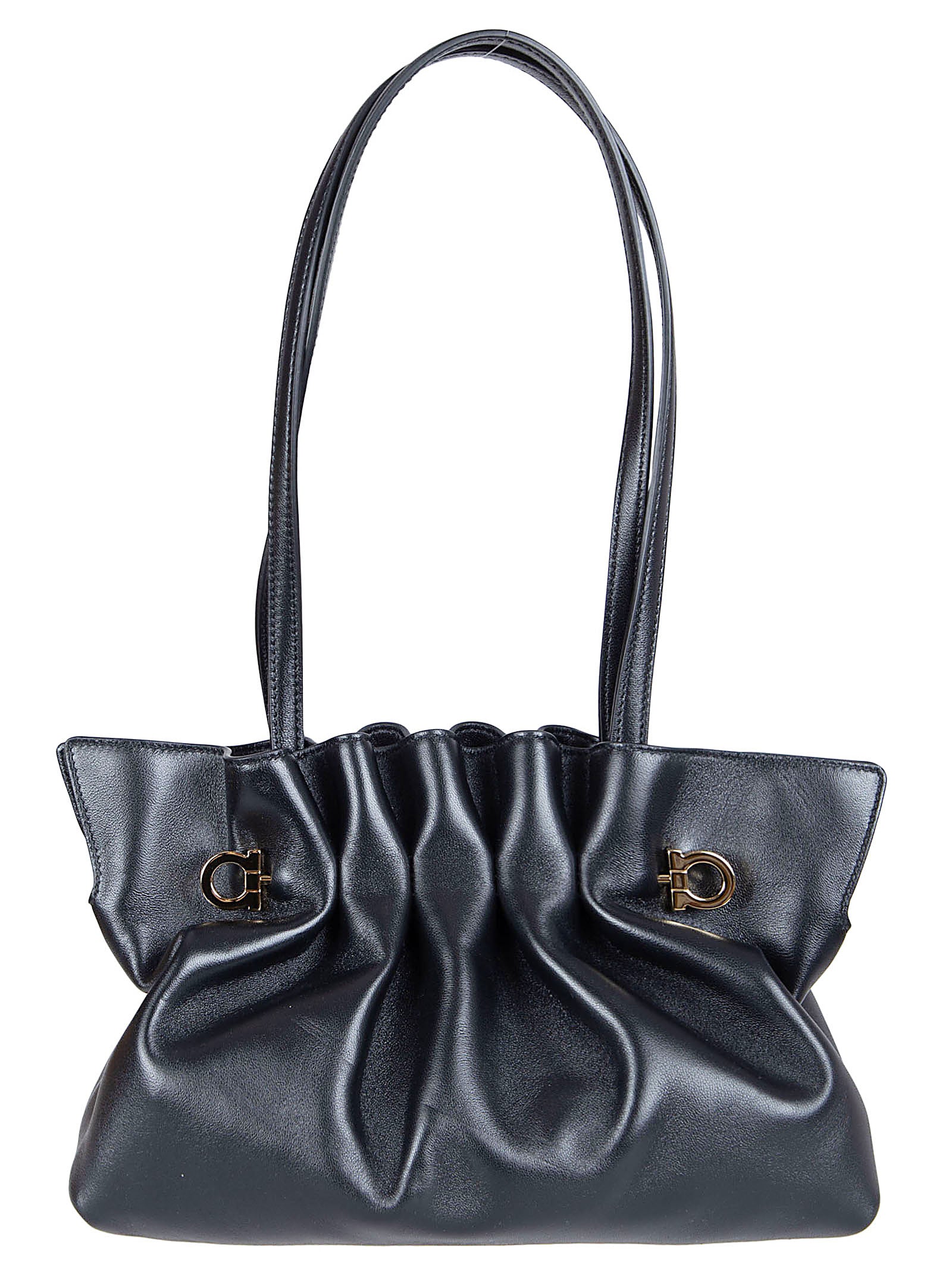 Gathered Black Nappa Leather Soft Bag with Gold Accents