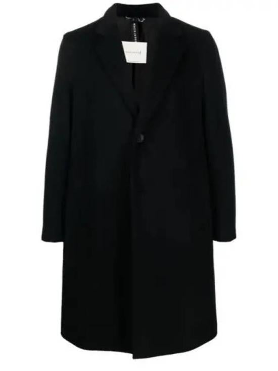 Long Black Mackintosh Coat With Tailored Lapels And Single Button Closure