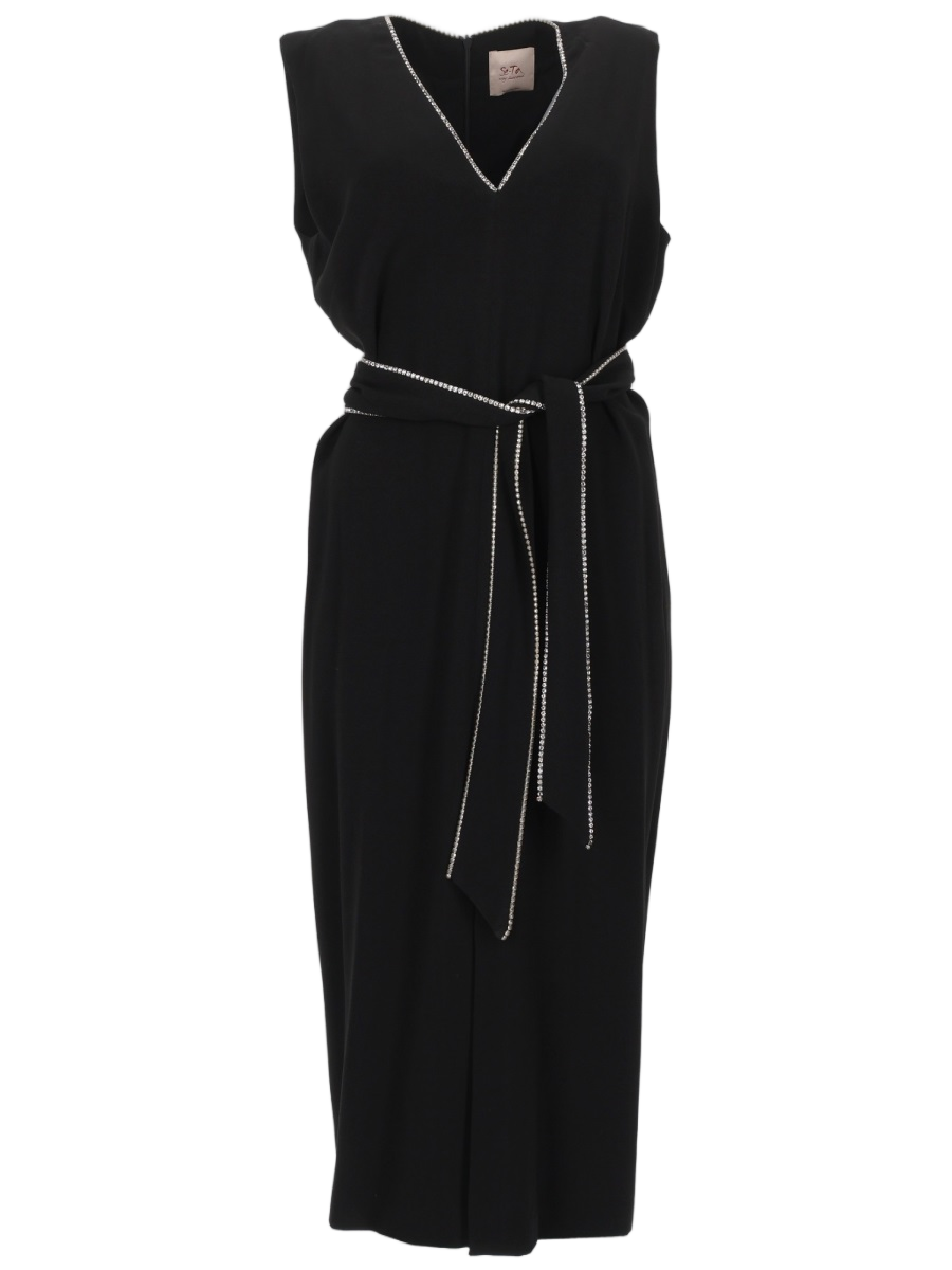 Sleeveless Midi Dress with V-Neckline and Tailored Belt
