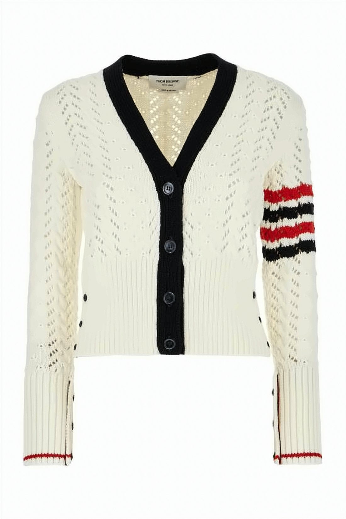 Cropped Open-Knit Cardigan With Striped Cuff Details