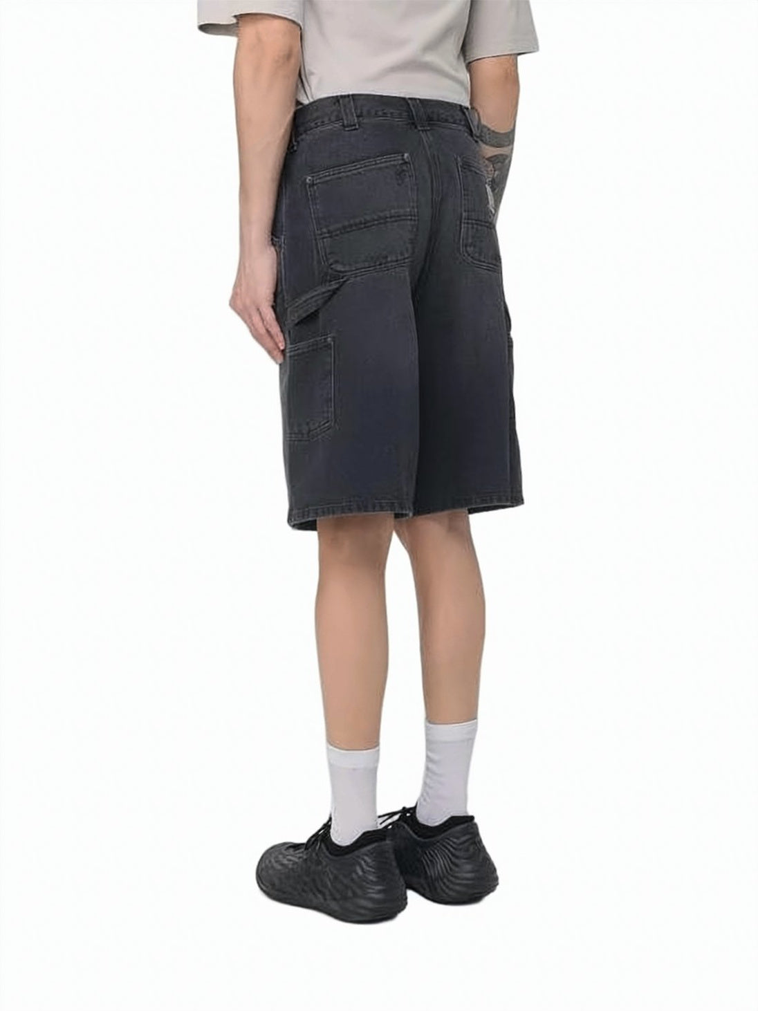 Black Denim Utility Shorts with Multi-Patch Pockets