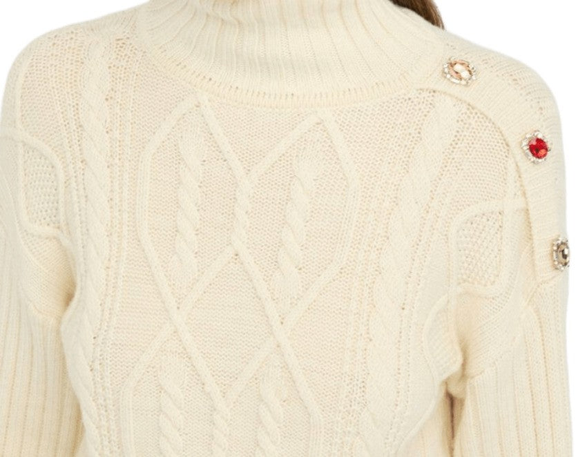Cable Knit Sweatshirt with Jewel Button Detail