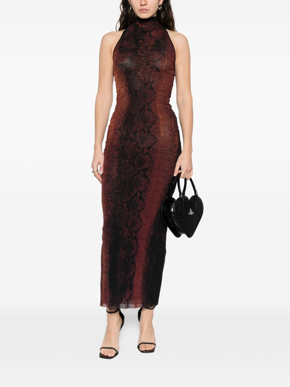 High-Neck Midi Dress With Snake Print In Silk And Nylon