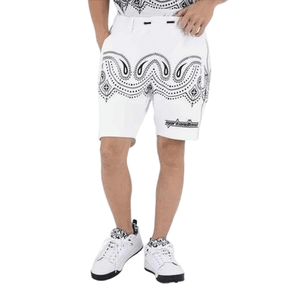 Tailored Mid-Thigh Shorts with Bold Black Paisley Pattern