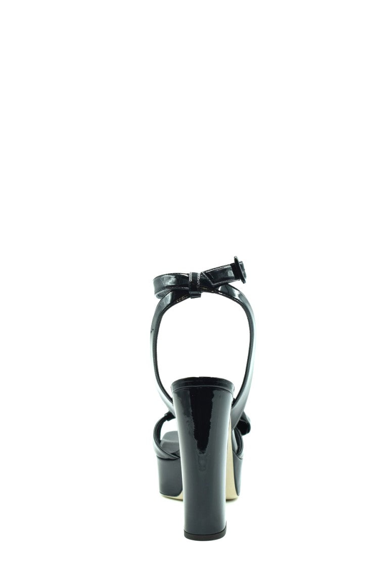Glossy Black Leather Sandals With Heel