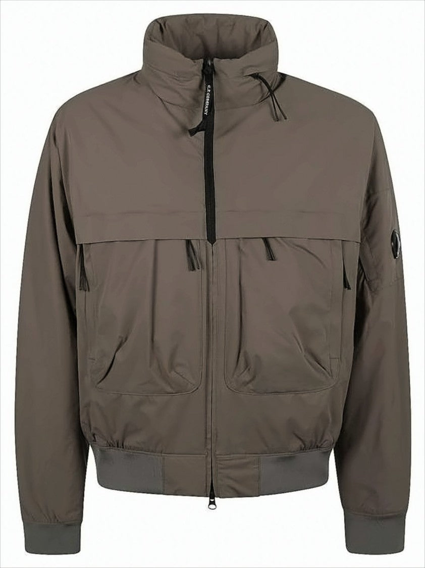 Brown Bomber Jacket With High Collar And Ribbed Details