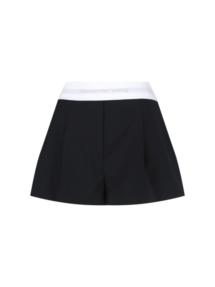High-Waisted Black Wool Shorts With Elastic Waist