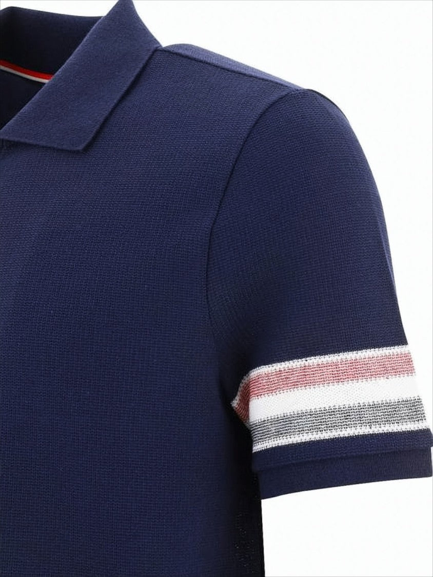 Textured Blue Knit Polo Shirt With Contrast Stripes