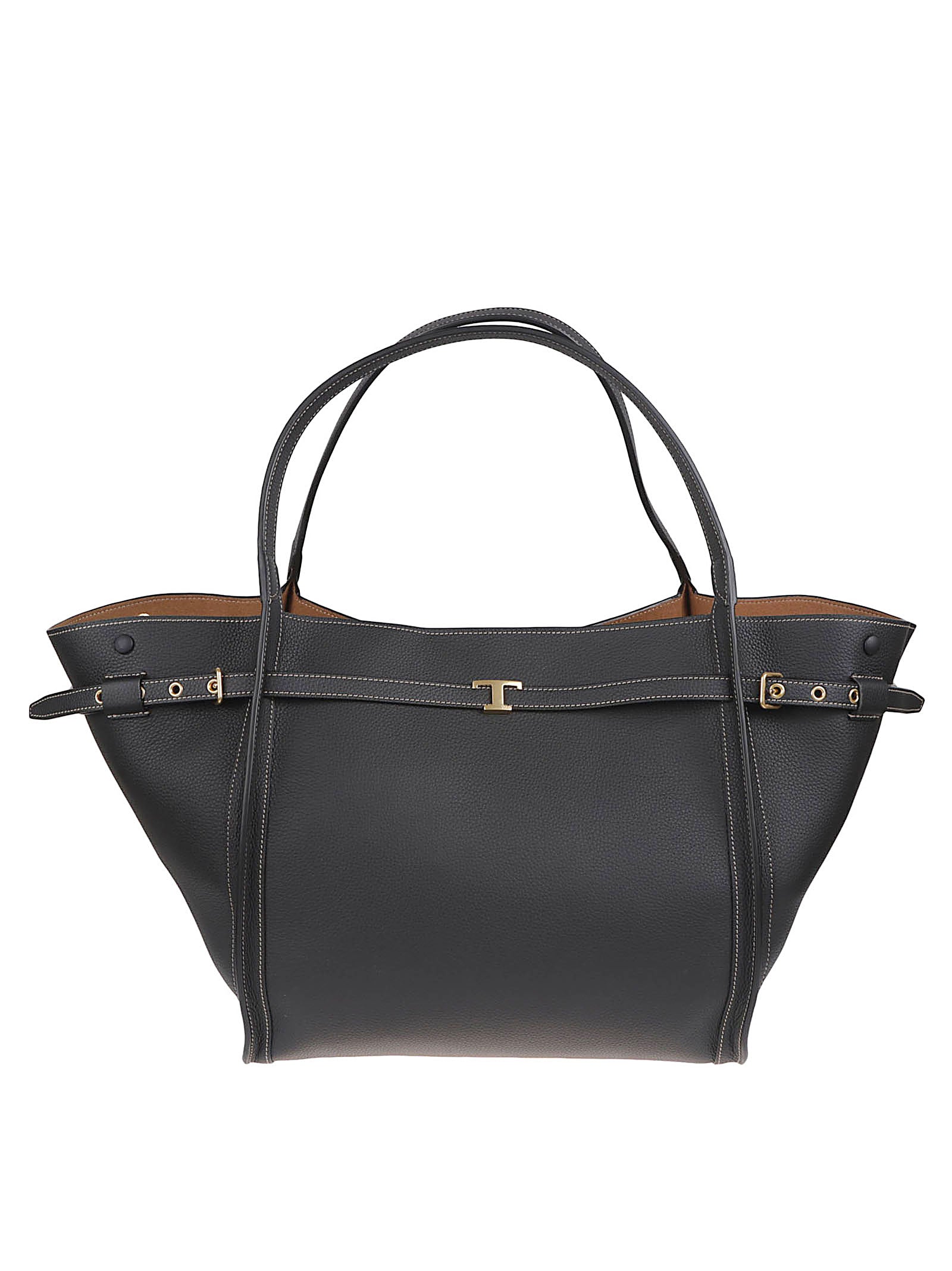 Structured Black Calfskin Shopping Bag with Iconic T Accessory