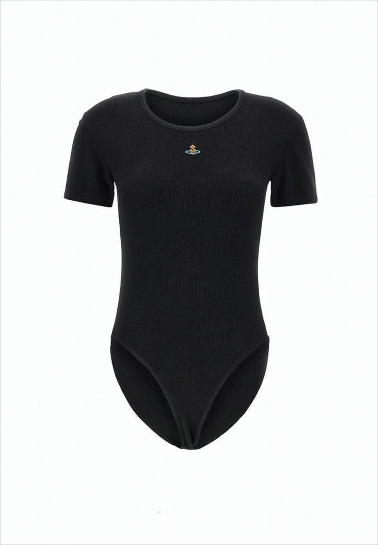 Fitted Ribbed Bodysuit with Minimalist Design and Emblem