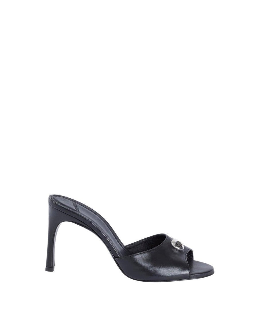 Open-Toe Black Lamb Leather Mules