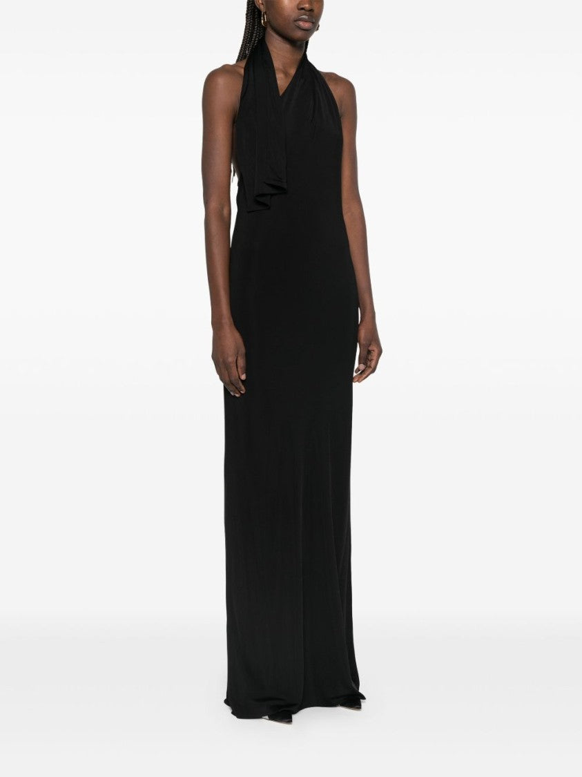 Integrated Scarf Detail Black Dress