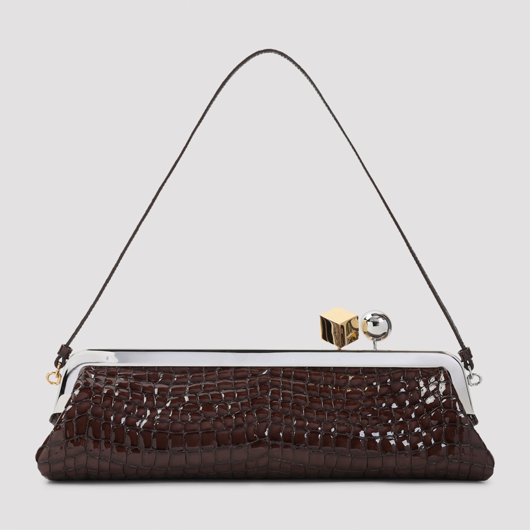 Crocodile-Embossed Brown Goat Leather Handbag