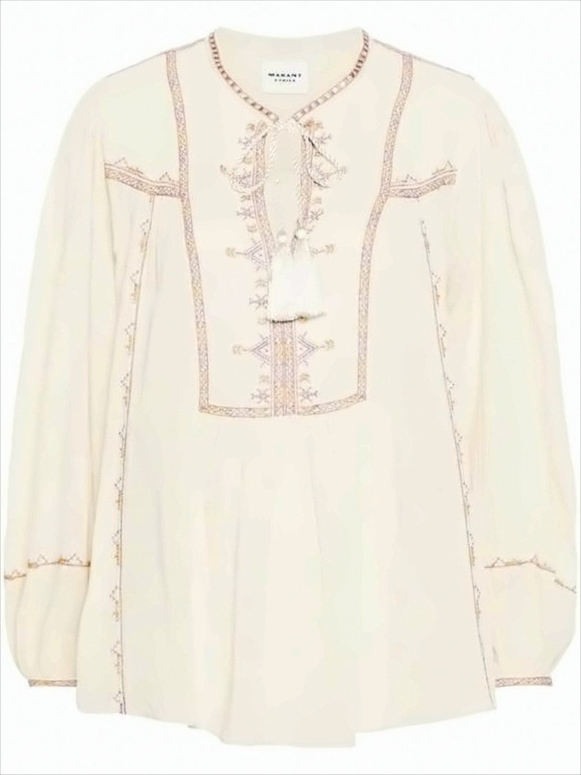 Geometric Embroidered Cotton Blouse with Puffed Sleeves