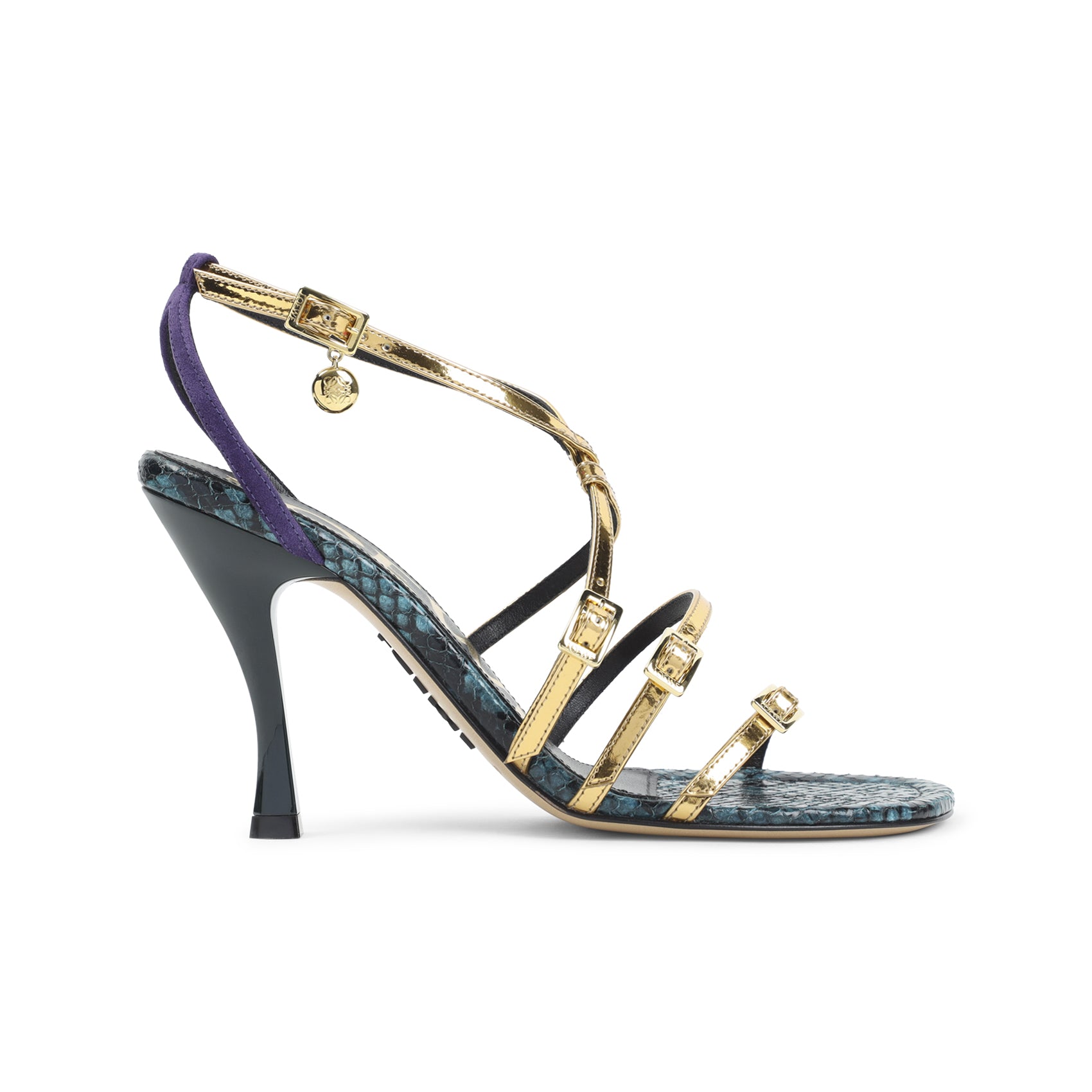 High Heel Sandals With Metallic Finish And Snakeskin Accents