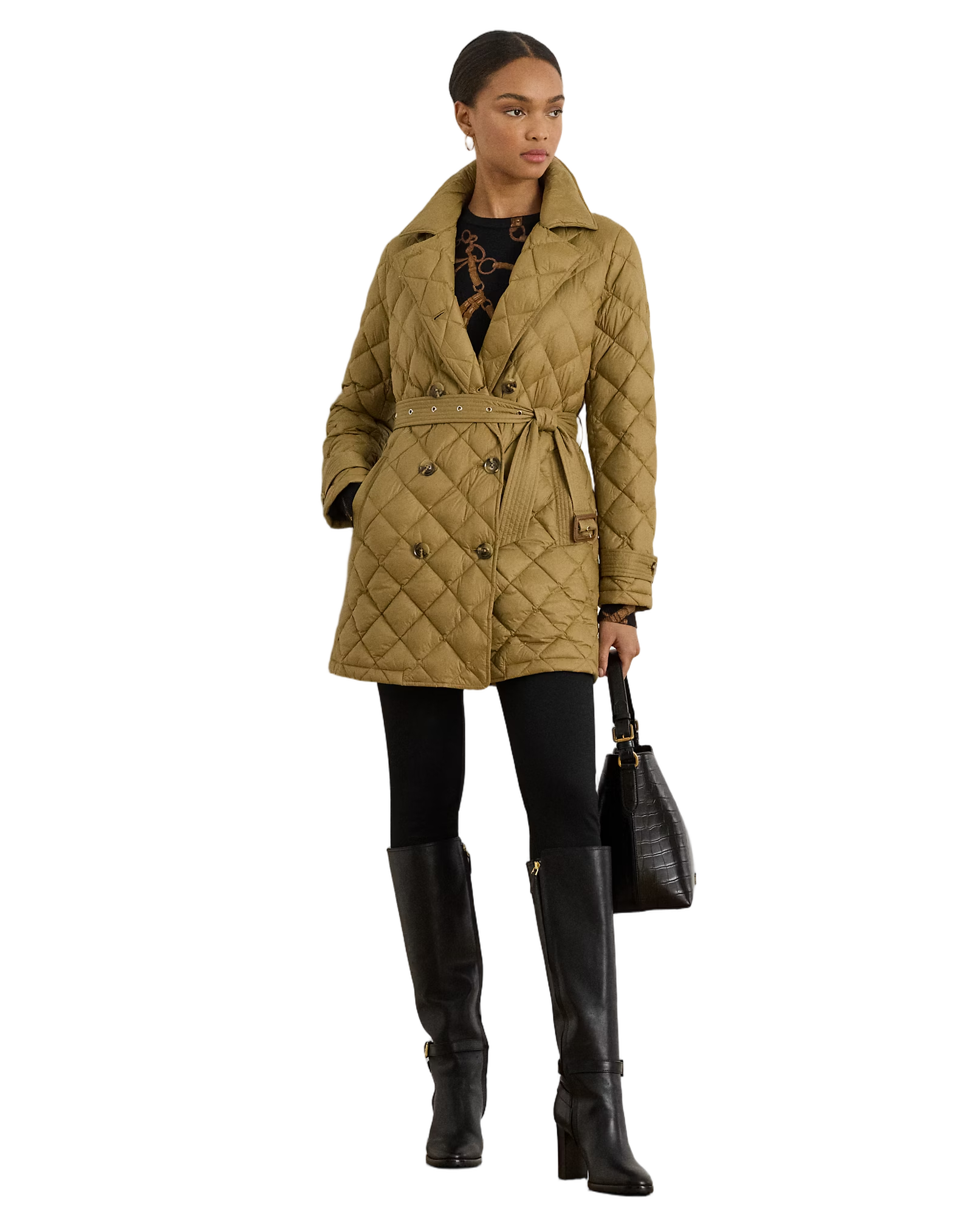 Diamond-Quilted Insulated Coat With Double-Breasted Closure