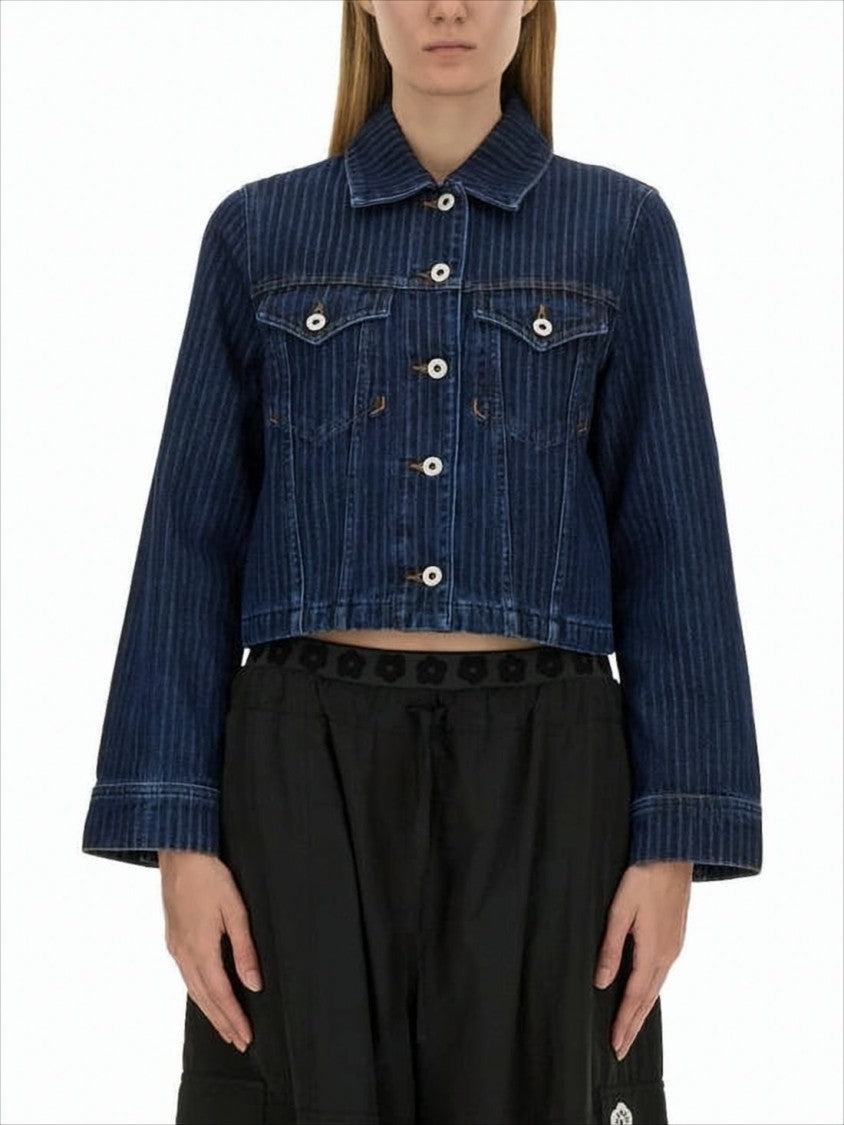 Cropped Denim Jacket With Classic Collar And Flap Pockets