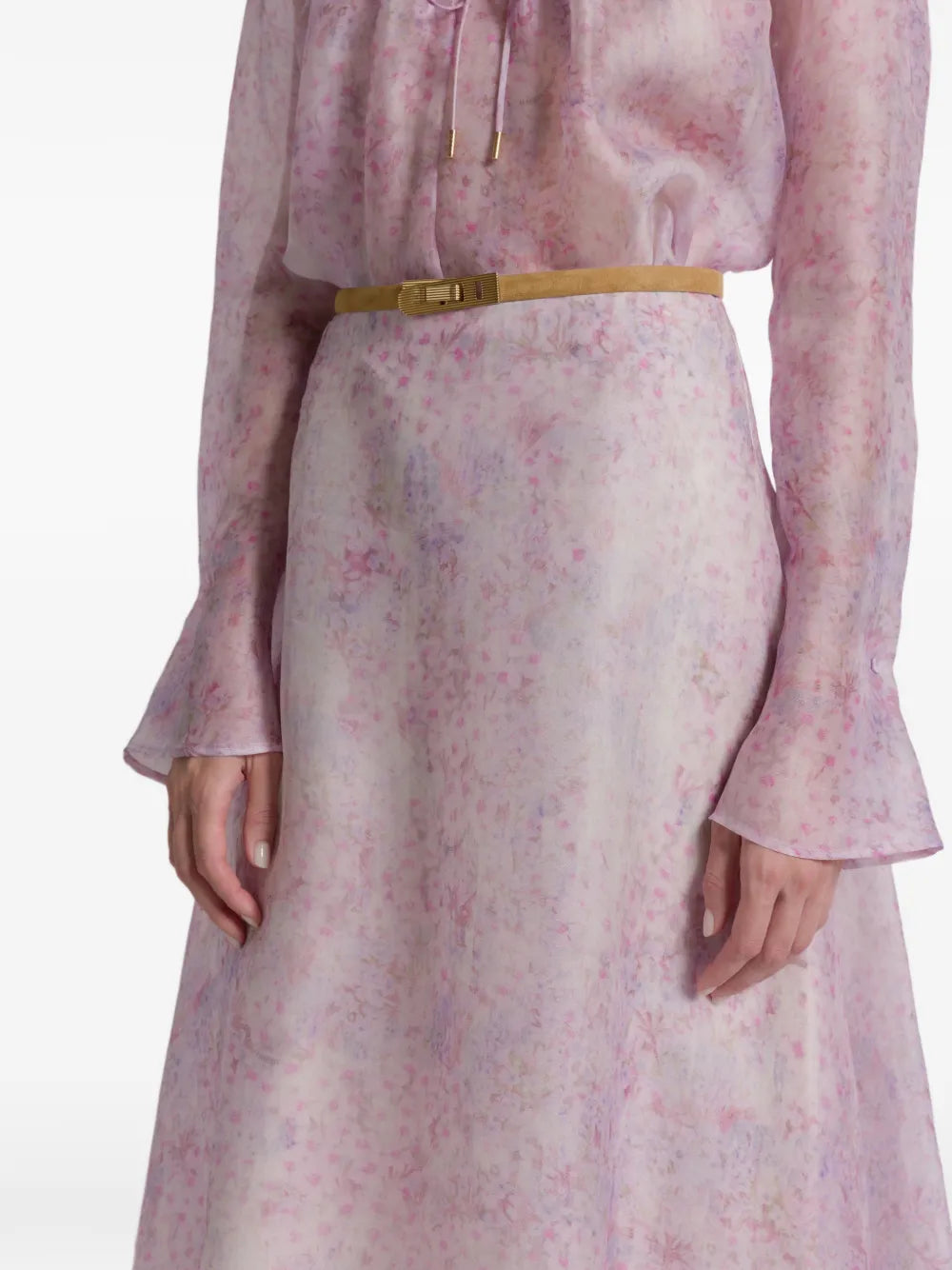Pastel Floral Print Midi Skirt in Sheer Organza