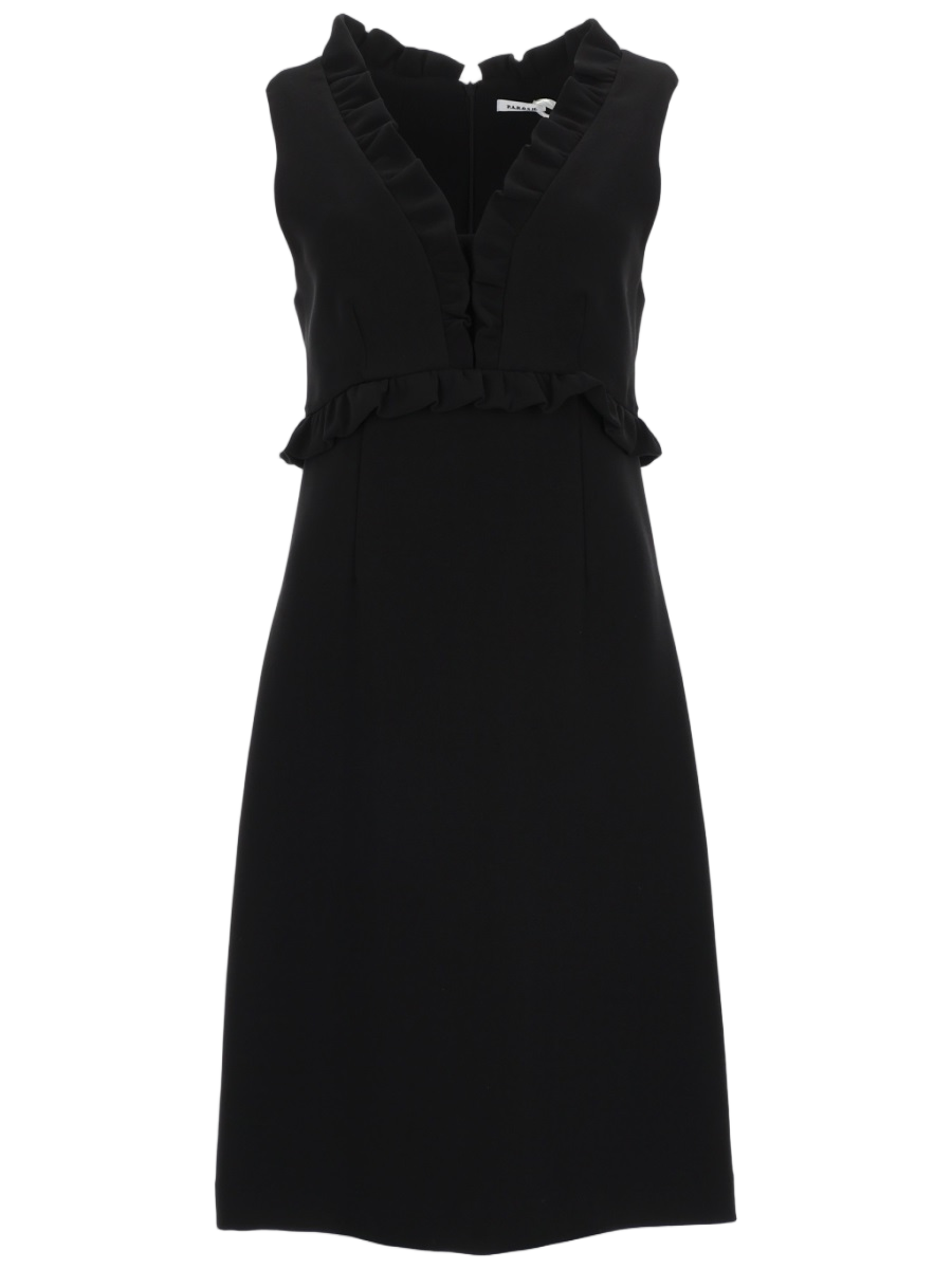 Sleeveless Black Dress with V-Neckline and Ruffle Details