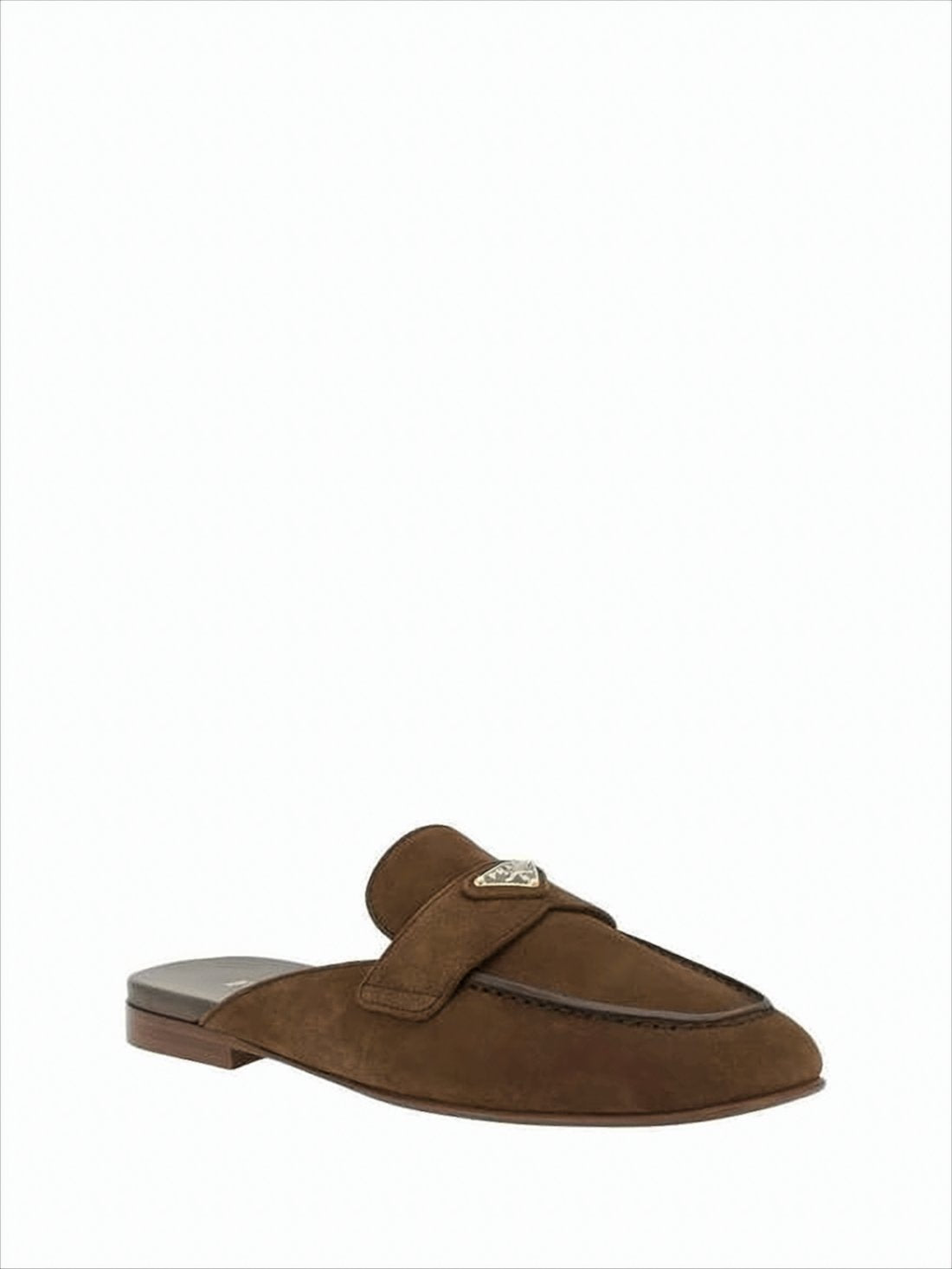 Brown Suede Slip-On Flats With Metallic Emblem