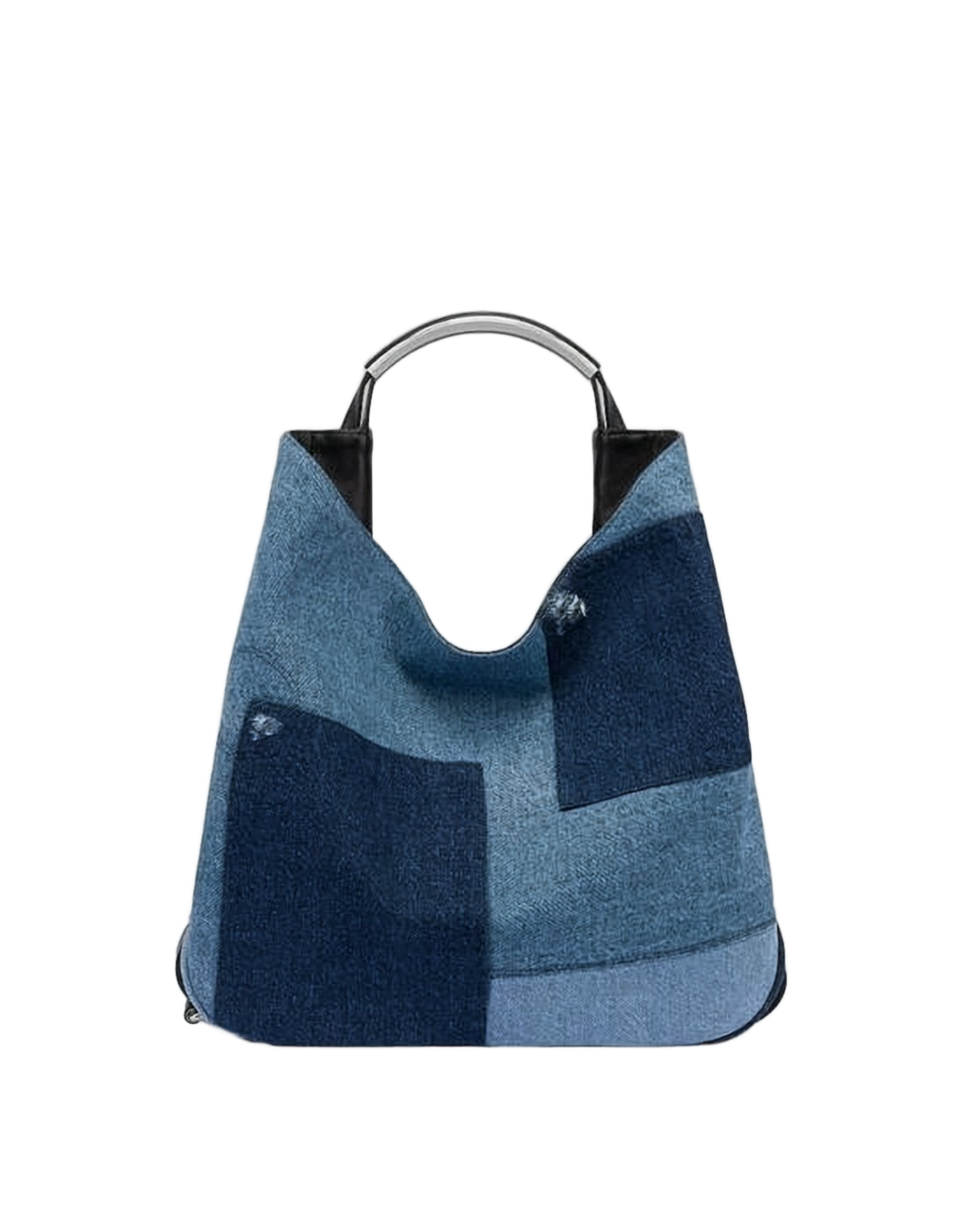 Patchwork Denim Shoulder Bag with Silver-tone Accents