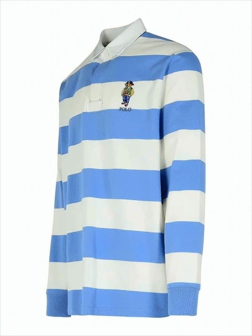 Long-Sleeve Striped Polo Shirt with Classic Collar and Embroidered Logo