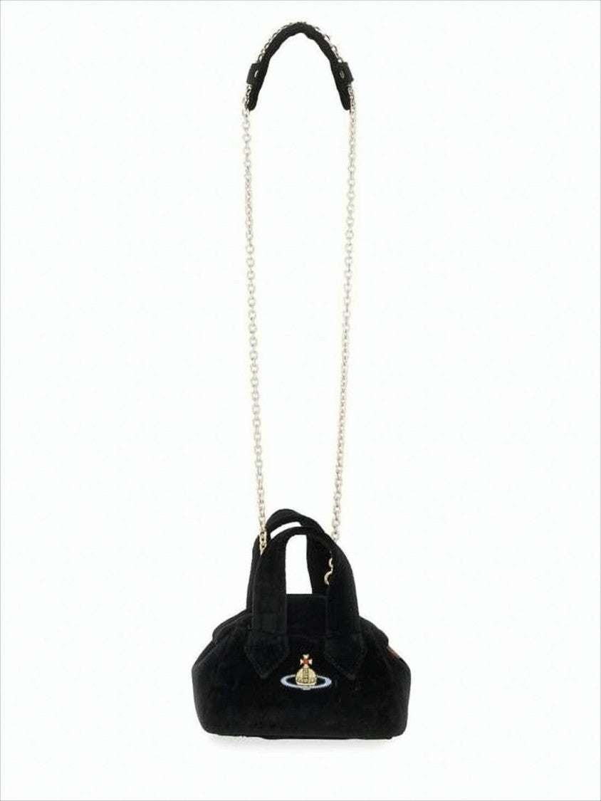 Structured Black Cotton Crossbody Bag with Embroidered Emblem