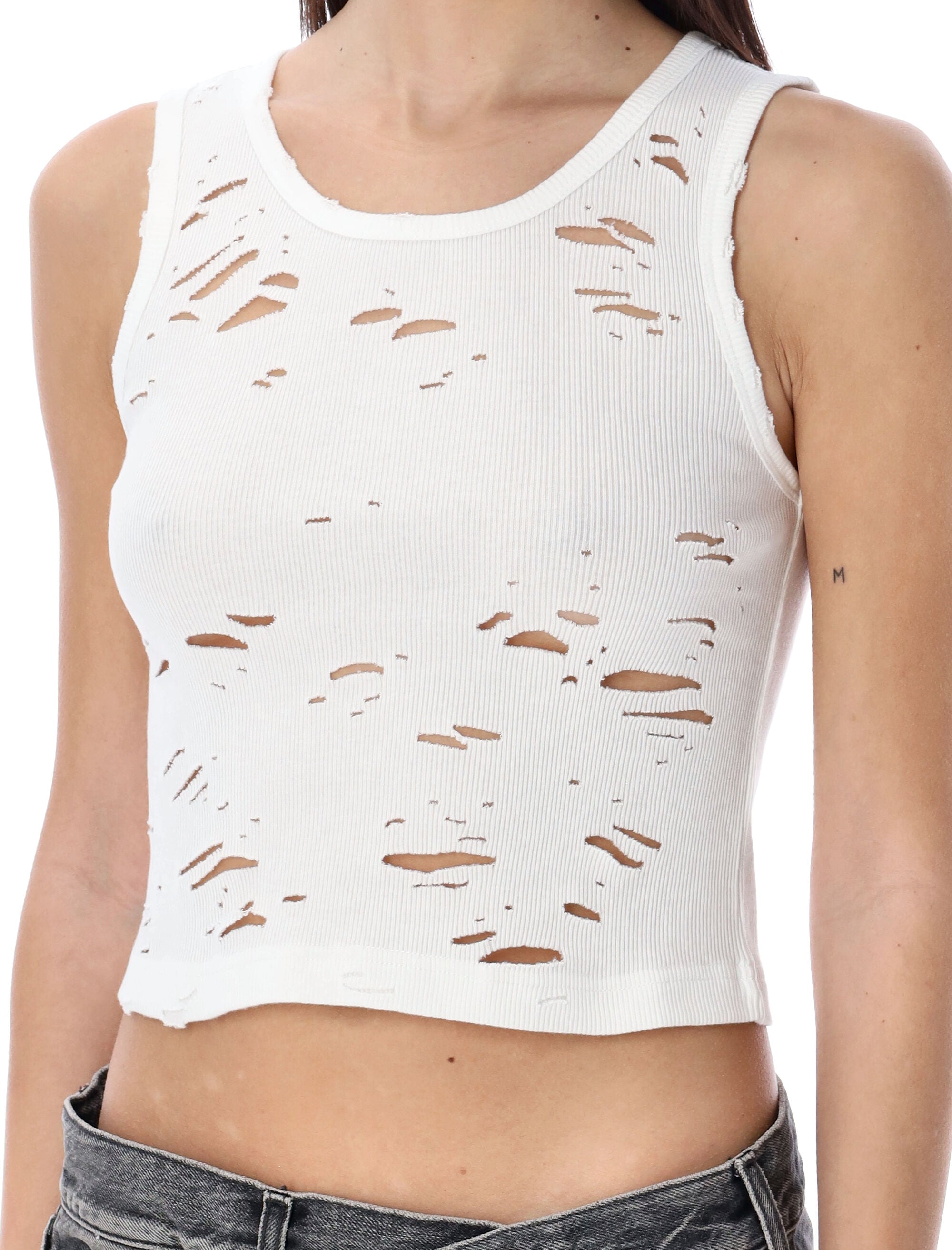 White Distressed Rib Tank
