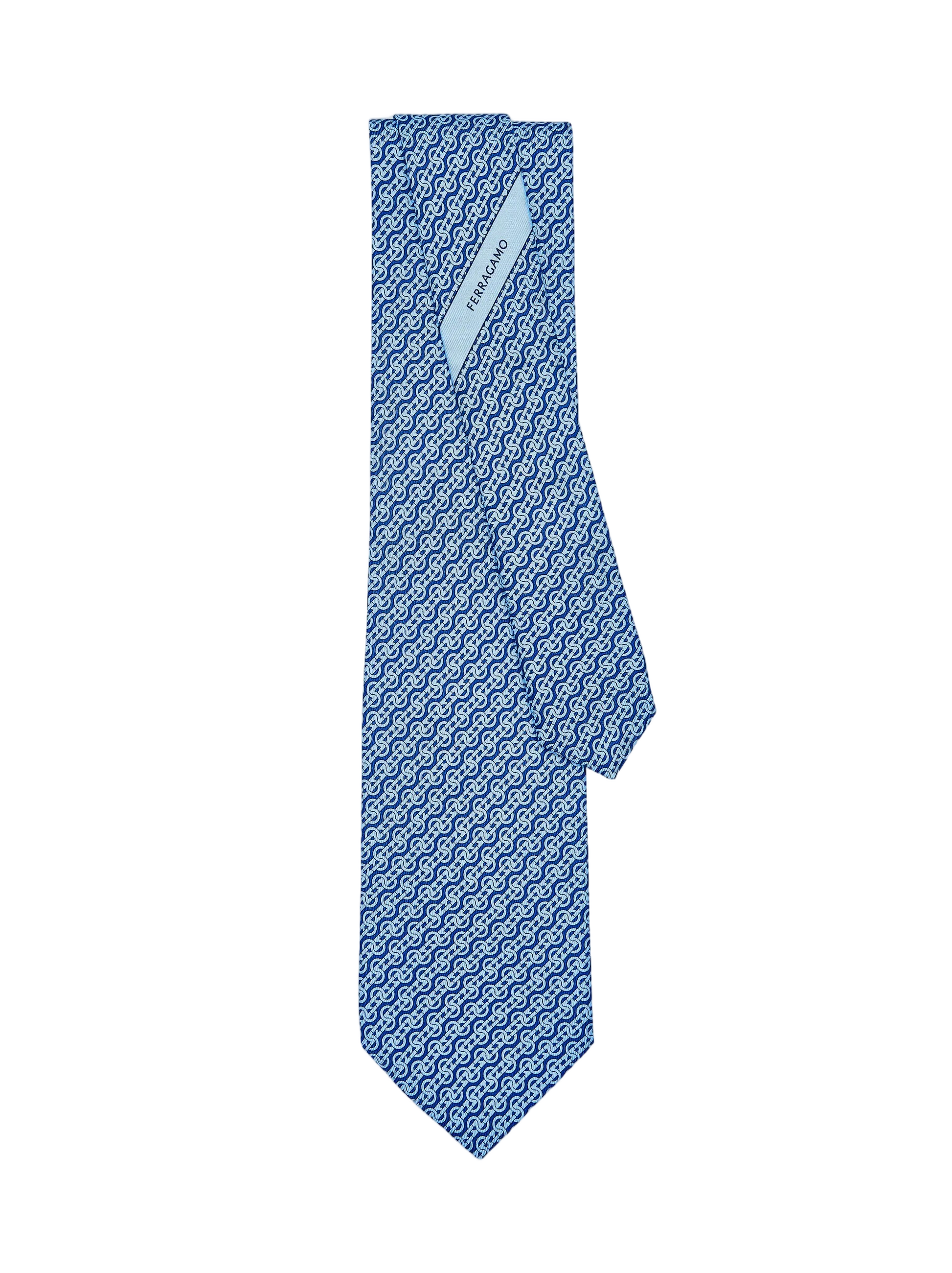 Slim Blue Necktie with Geometric Pattern