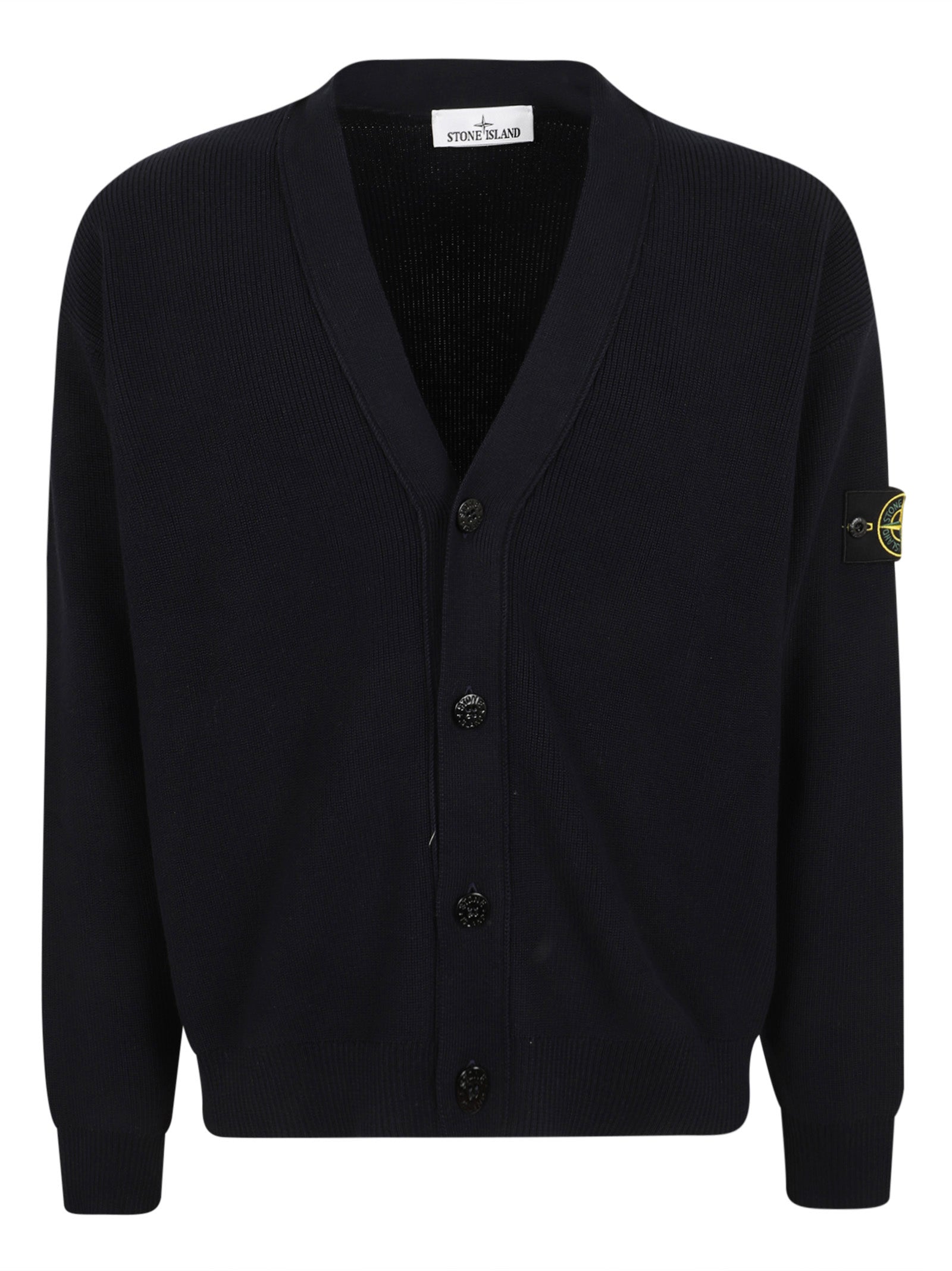 Ribbed V-Neck Button-Down Cardigan With Compass Logo
