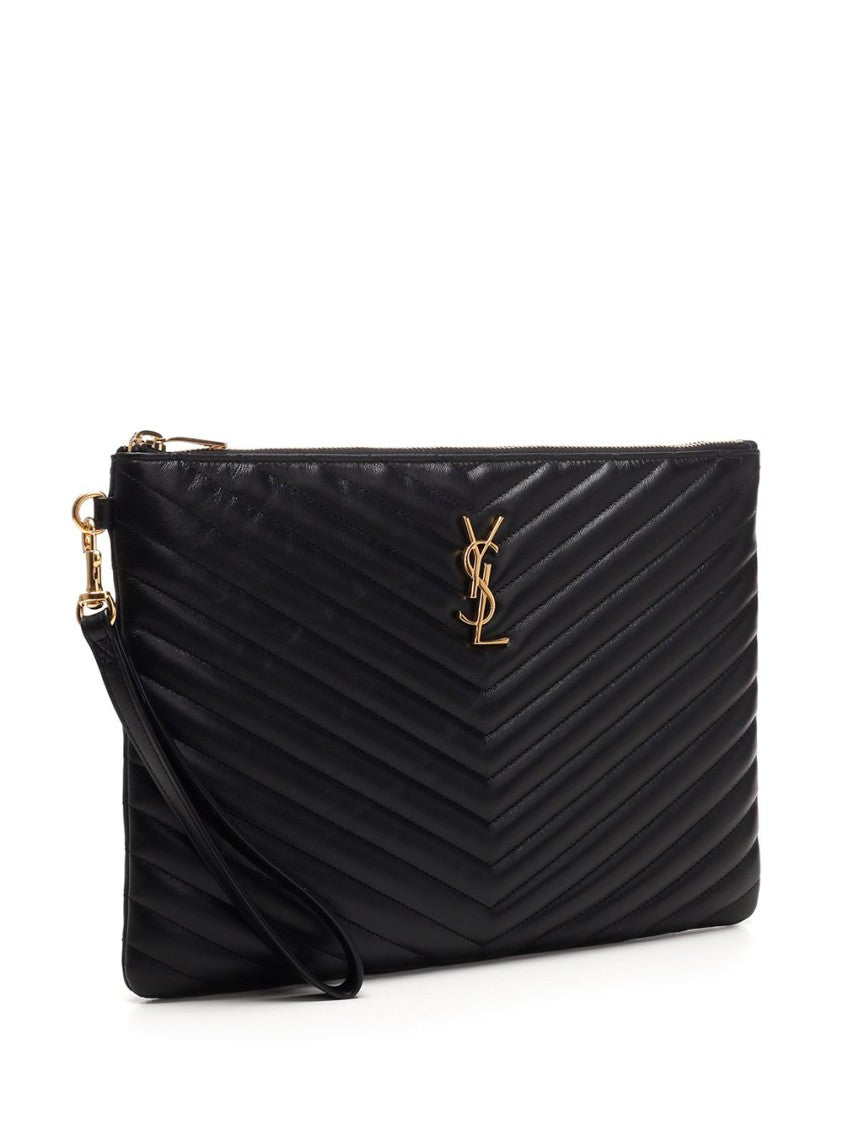 Chevron Quilted Leather Clutch with Wrist Strap