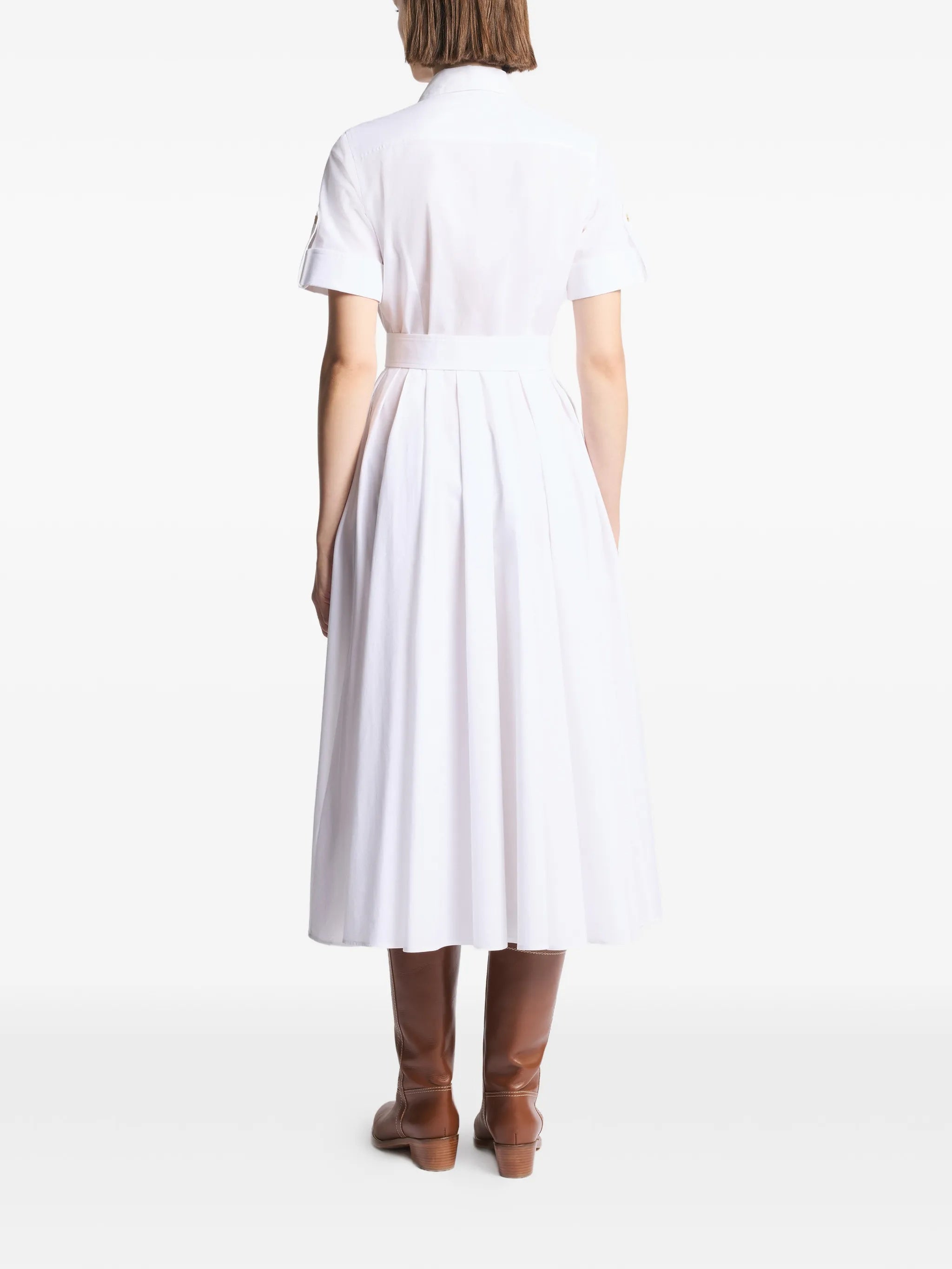 White Midi Structured Collar Belted Dress