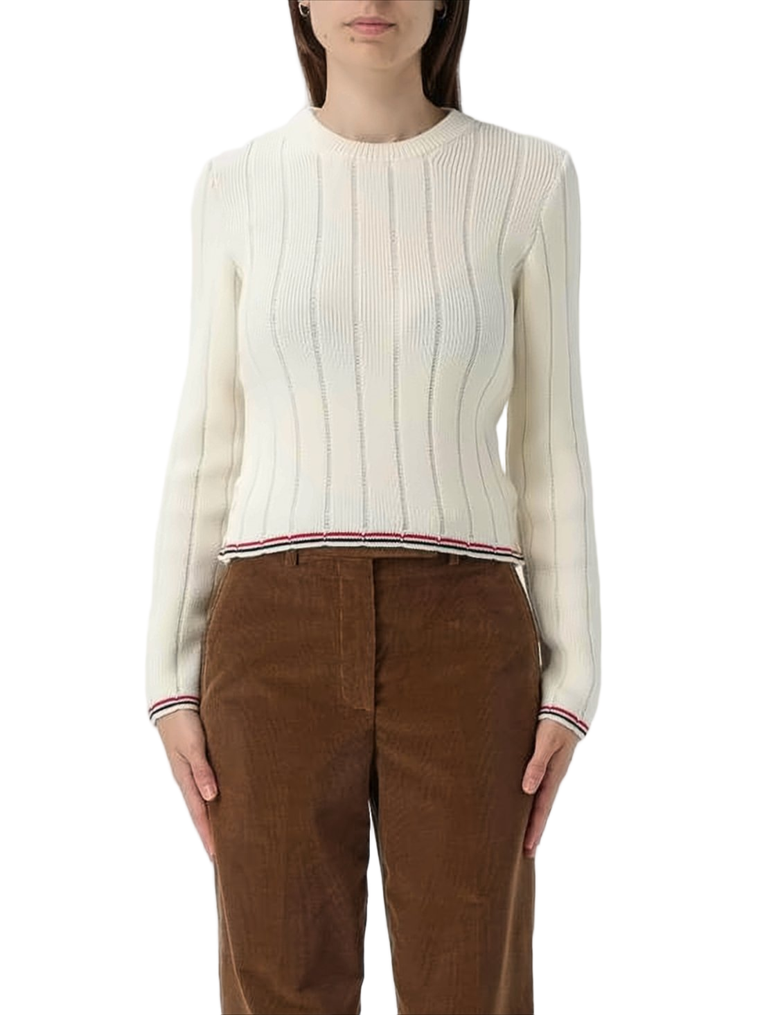 Cropped Ribbed Knit Sweater with Tricolor Details