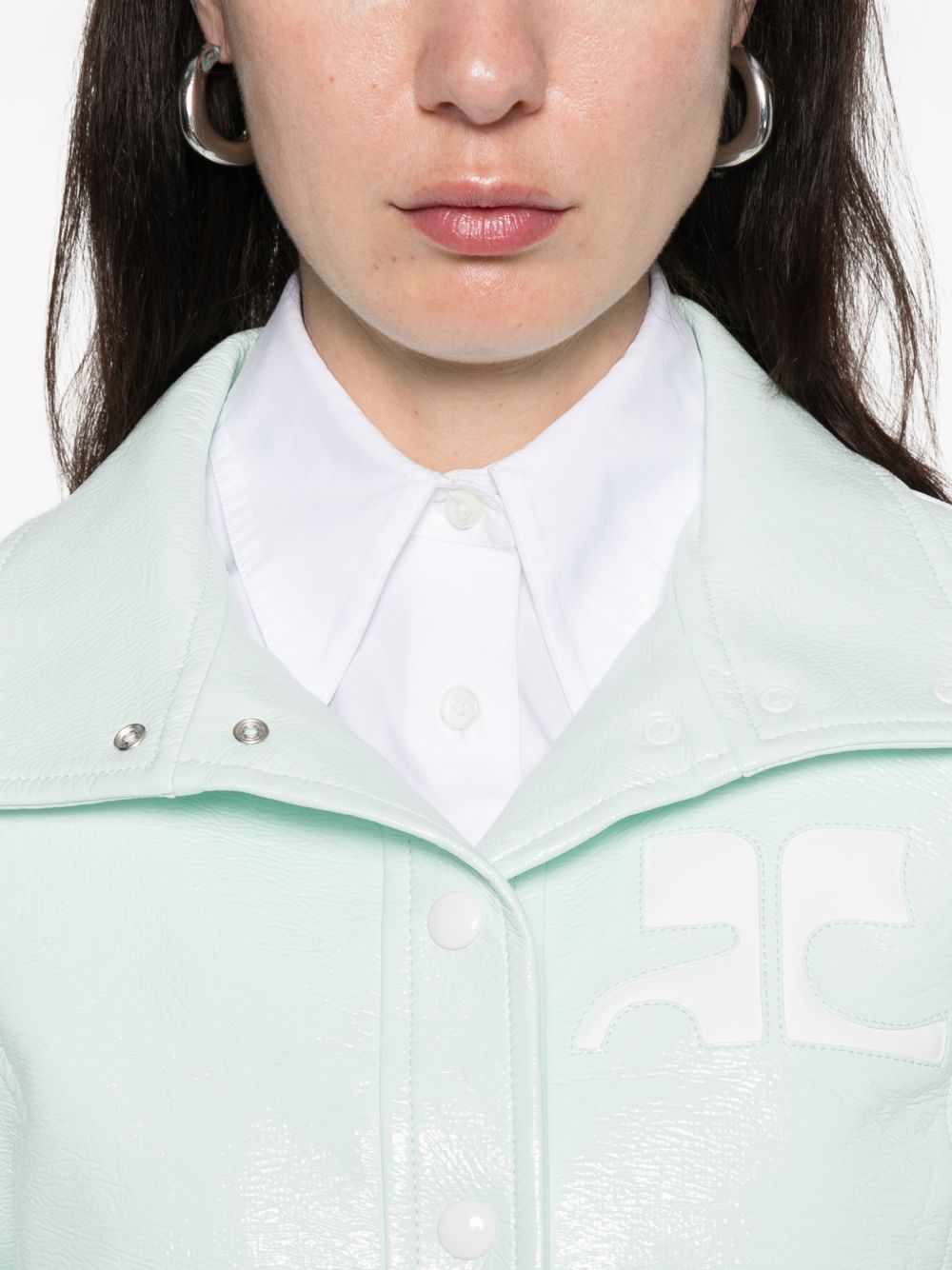 Cropped Jacket with Glossy Patent Finish and Structured Collar