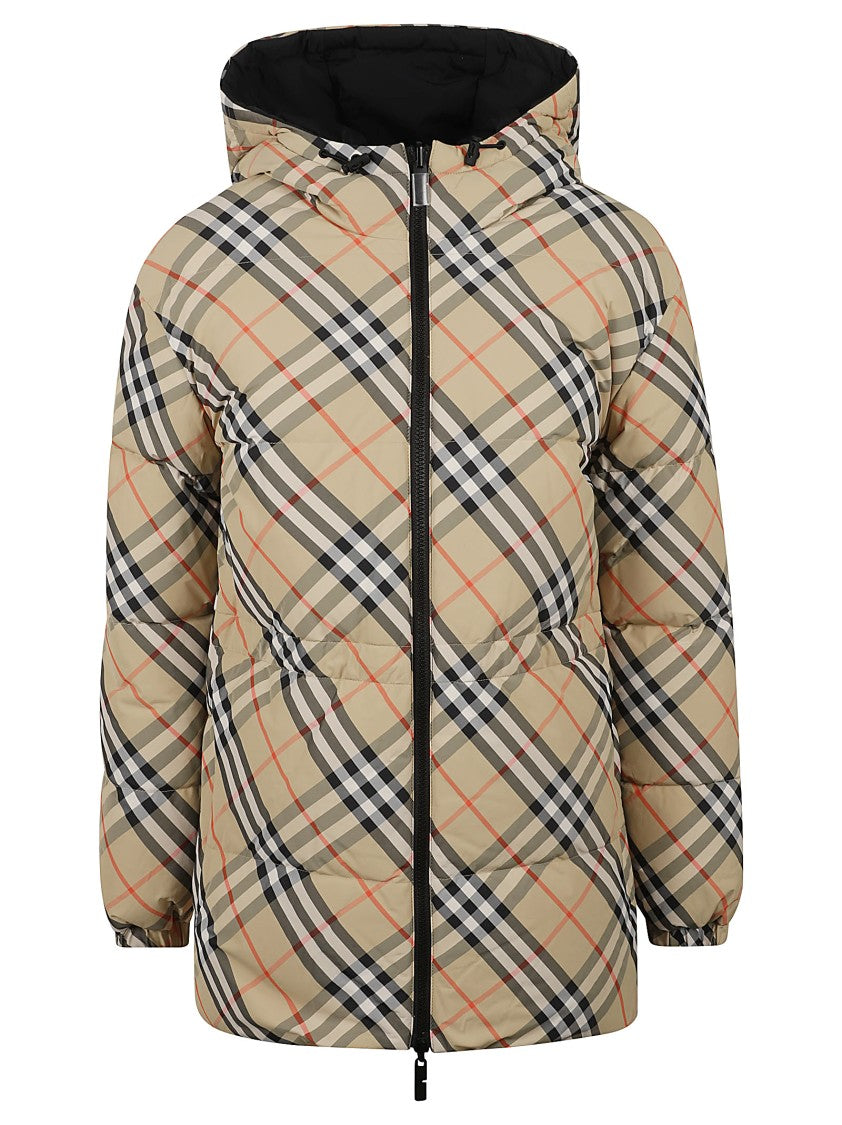 Puffy Check Pattern Coat With Hood