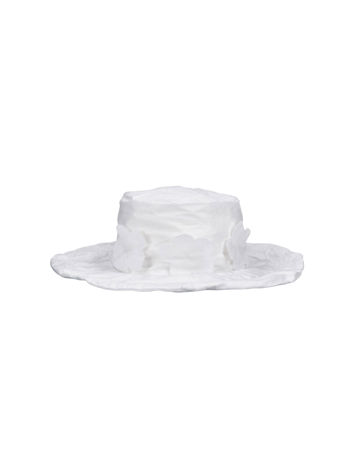 White Wide-Brimmed Floral Appliqué Cotton Hat