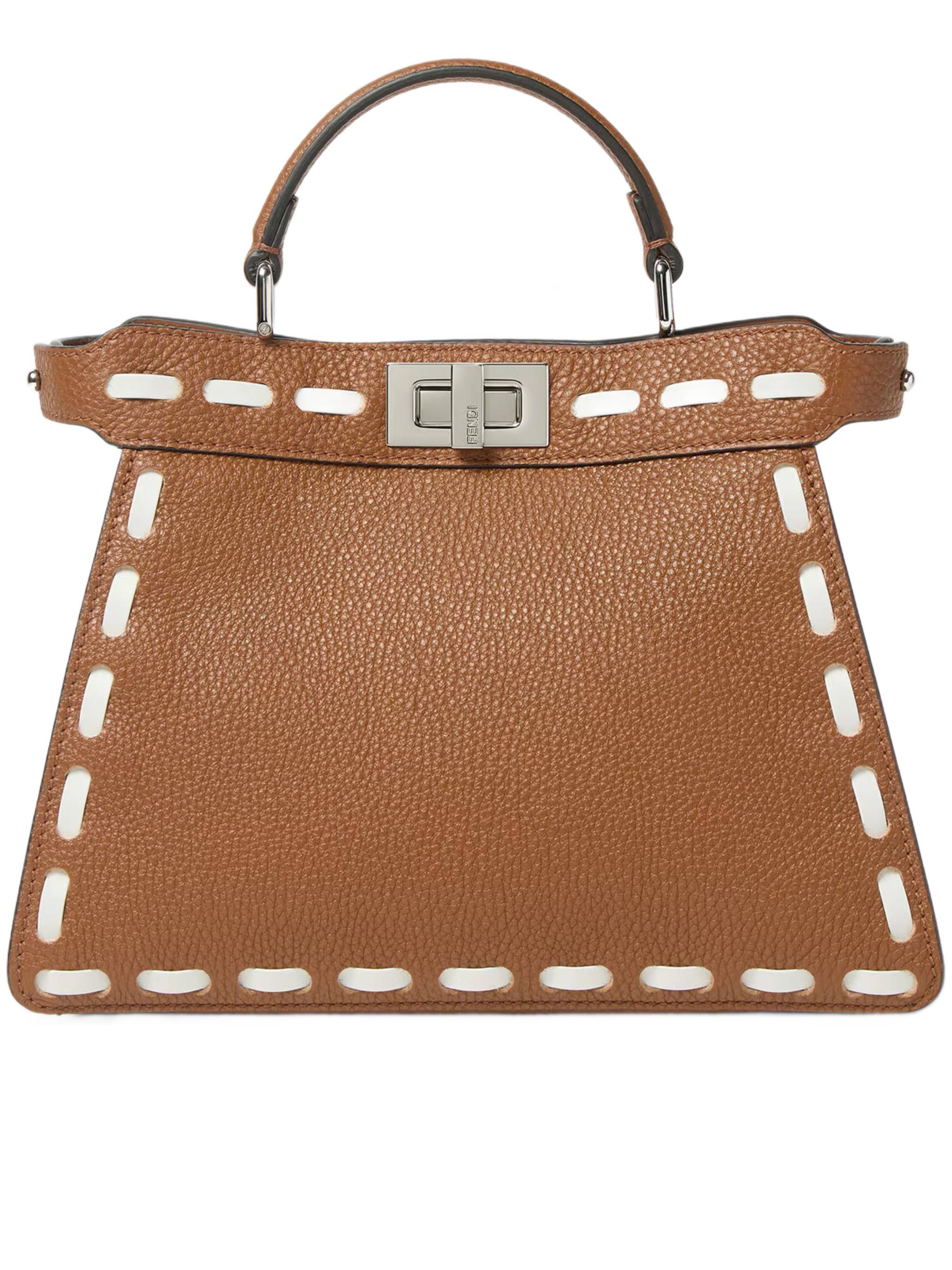Trapezoidal Leather Handbag with Stitched Detailing and Silver-tone Closure