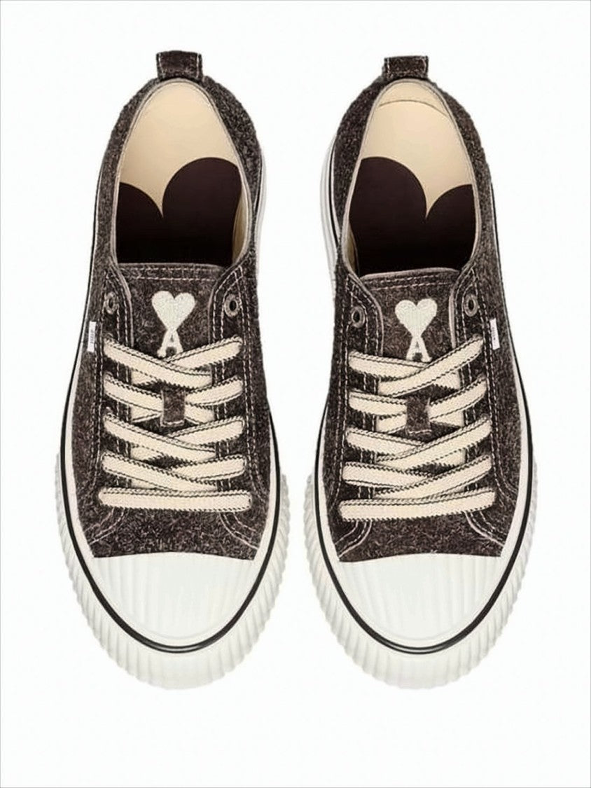 Textured Dark Brown Low-Top Sneakers With Cream Laces And Heart Detail
