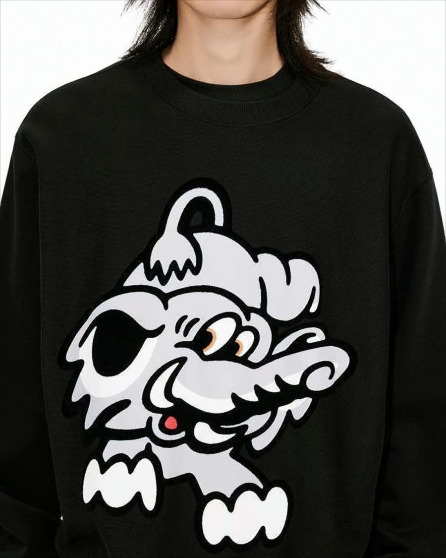 Long-Sleeve Black Cotton T-Shirt with Playful Graphic