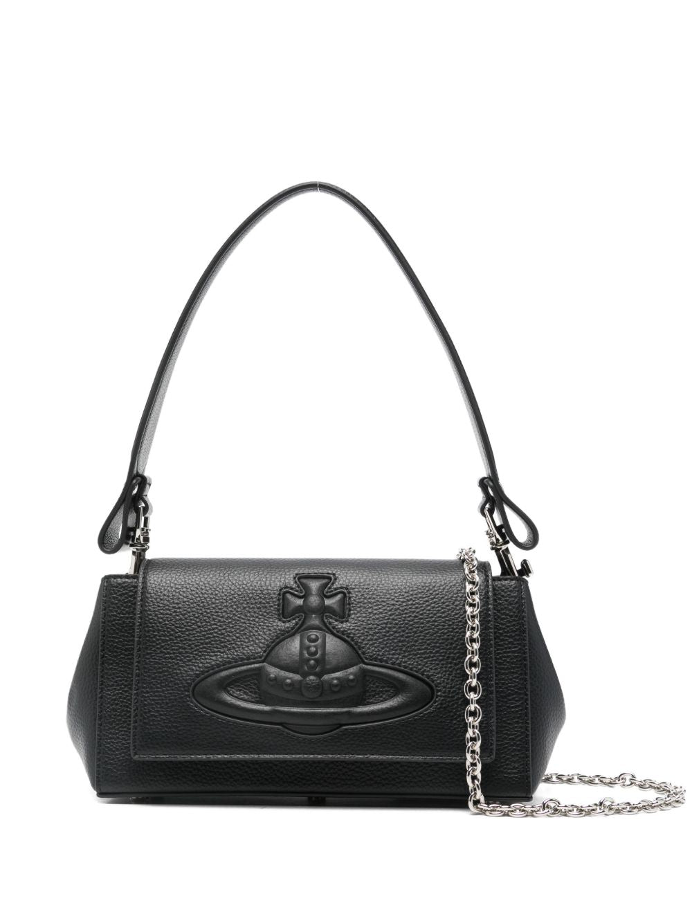 Structured Black Handbag With Pebbled Texture And Silver Chain Strap