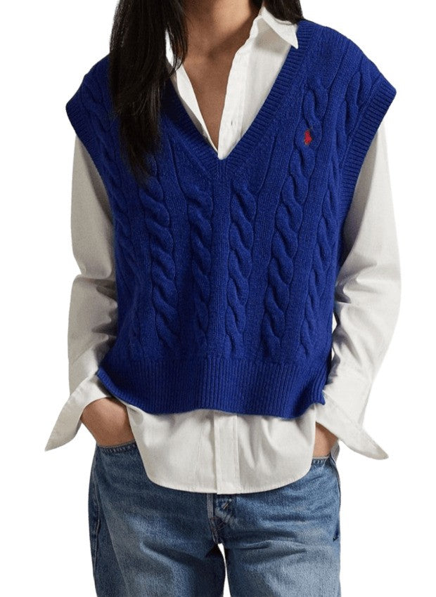 Cable Knit V-Neck Vest in Rich Blue