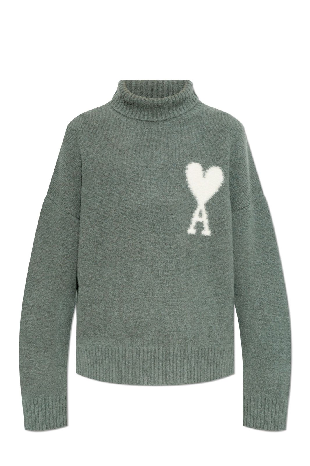 Grey Turtleneck Sweater With Ribbed Details And Heart Logo