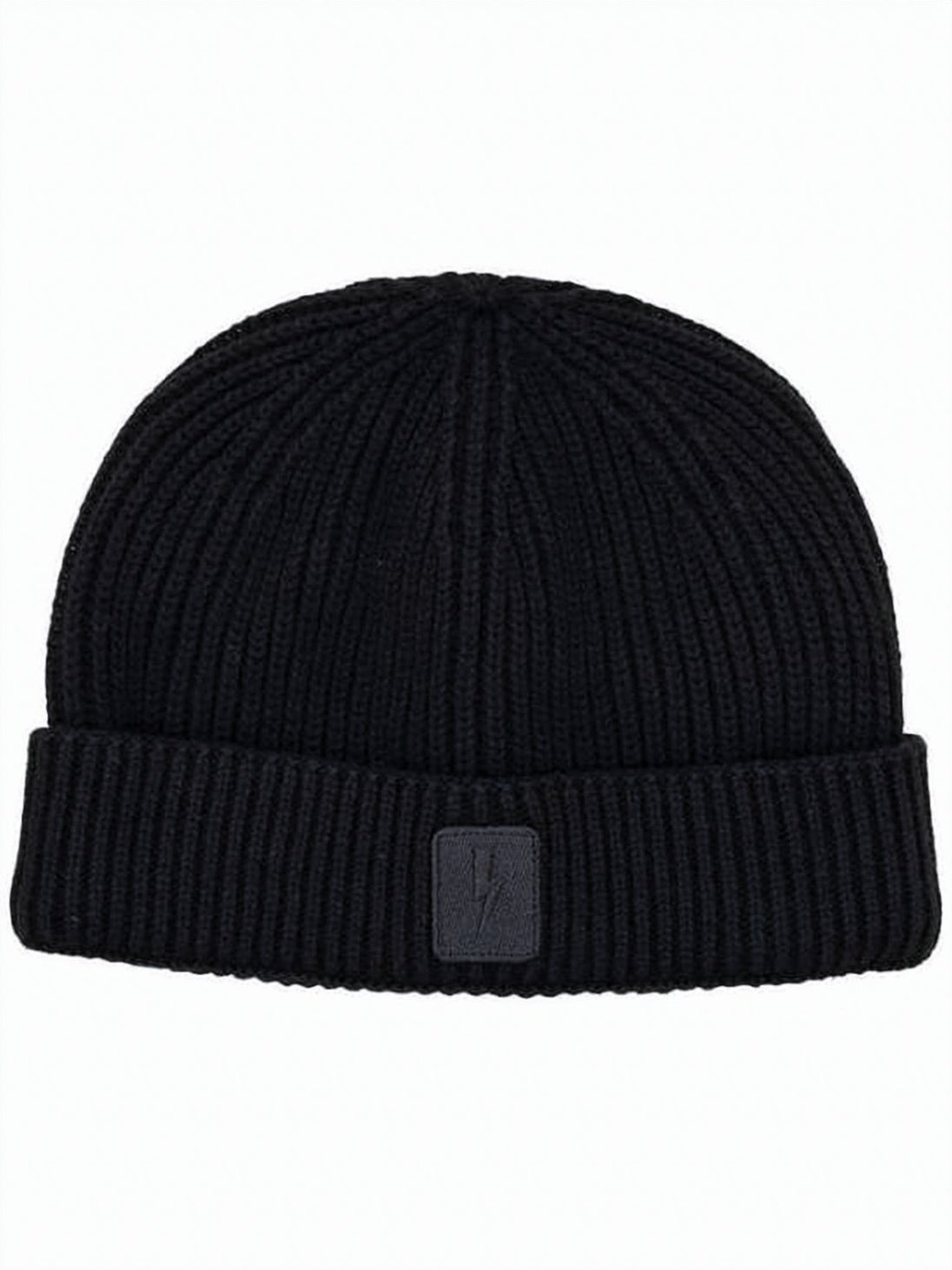 Ribbed Knit Beanie with Folded Cuff and Patch Detail