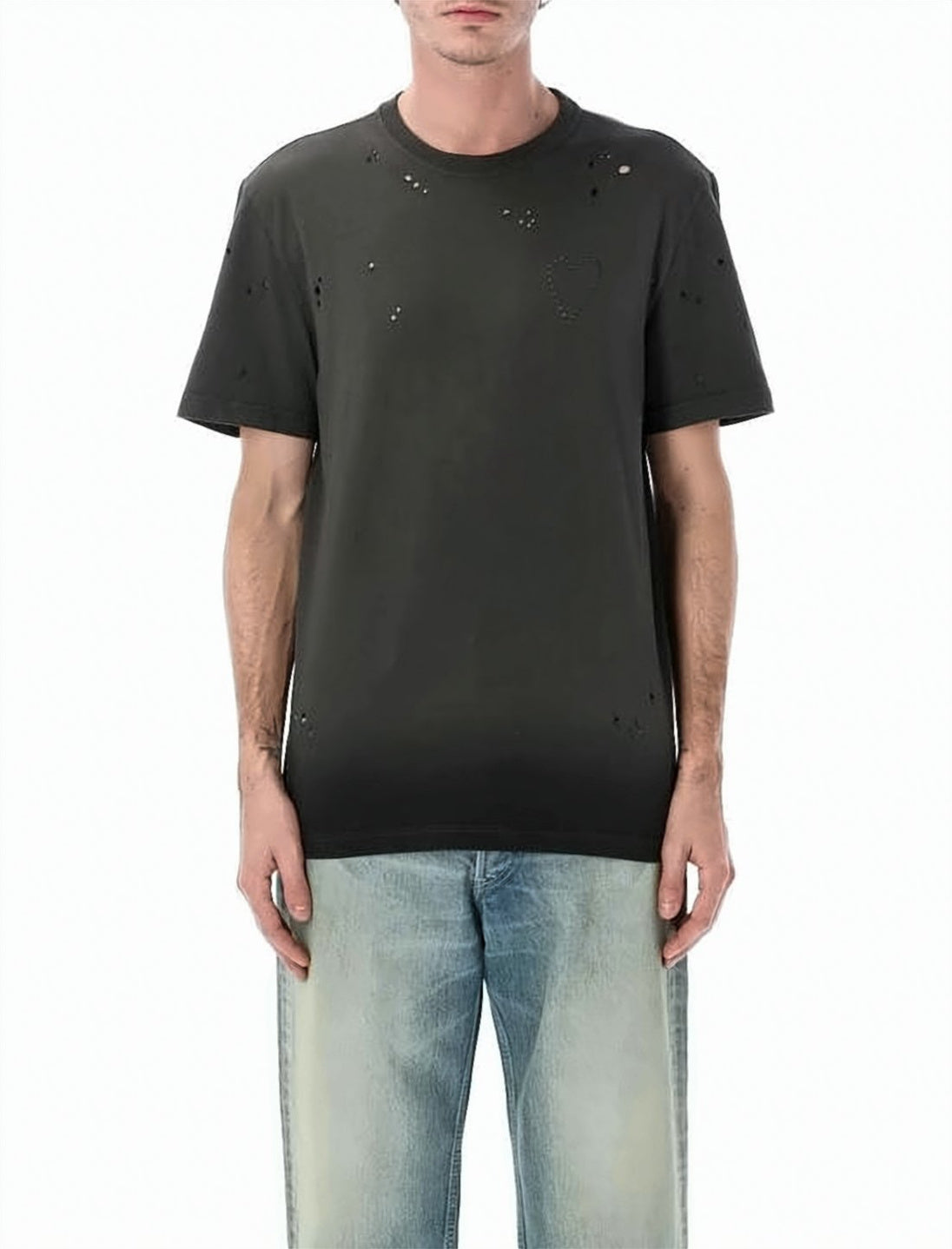 Distressed Black Short-Sleeve T-Shirt With Heart Detail