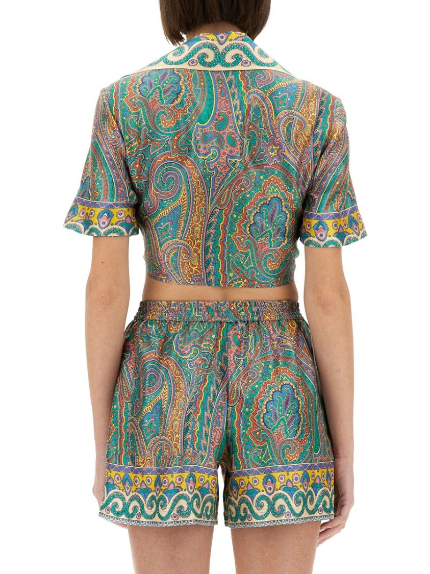 Cropped Paisley Print Silk Top