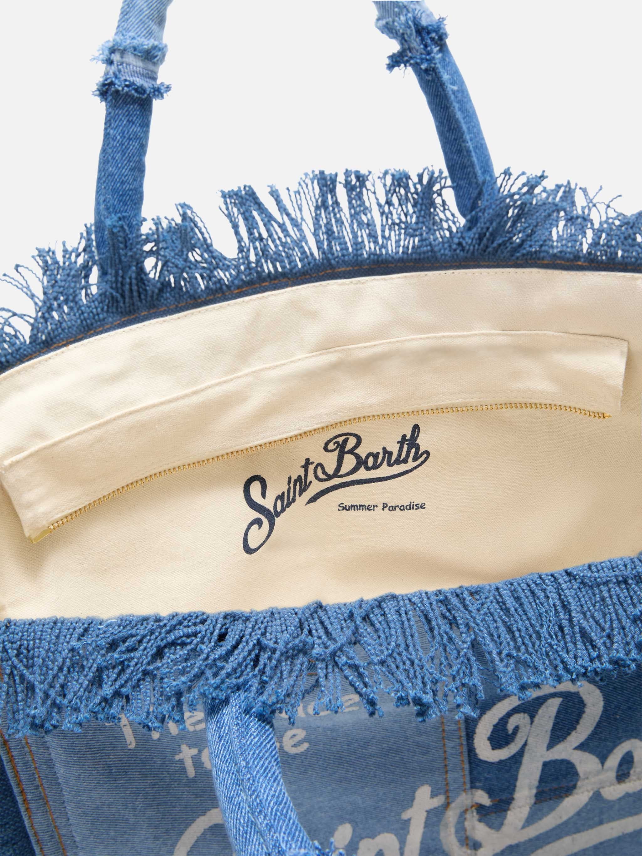 Patchwork Denim Tote Bag with Fringed Edges