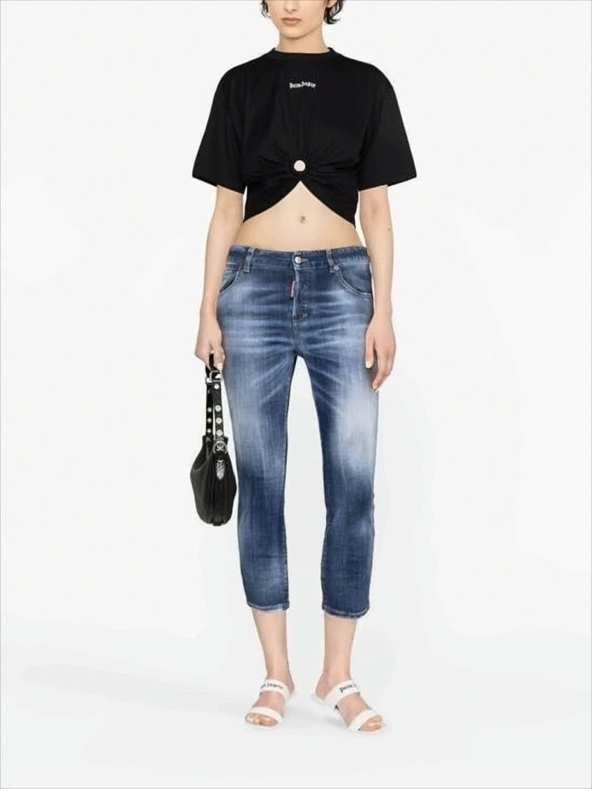 Cropped Black Cotton Top with Front Twist Detail
