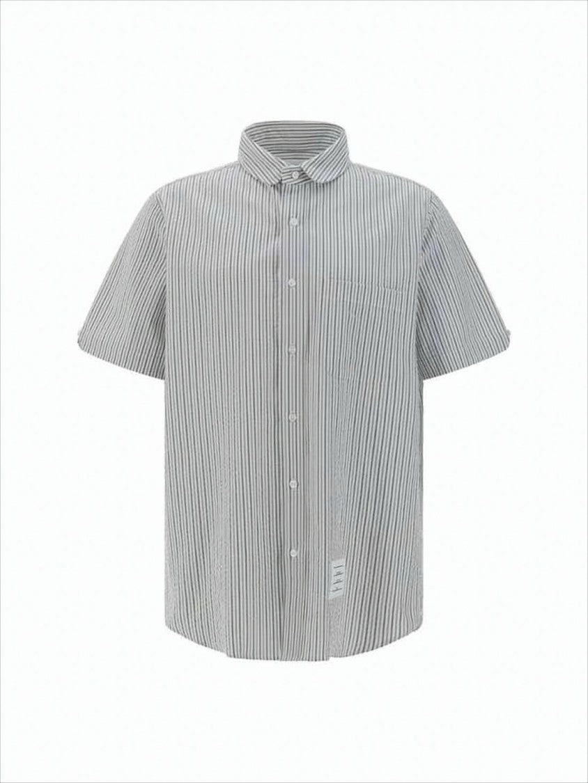 Short-Sleeved Button-Up Shirt with Vertical Stripes