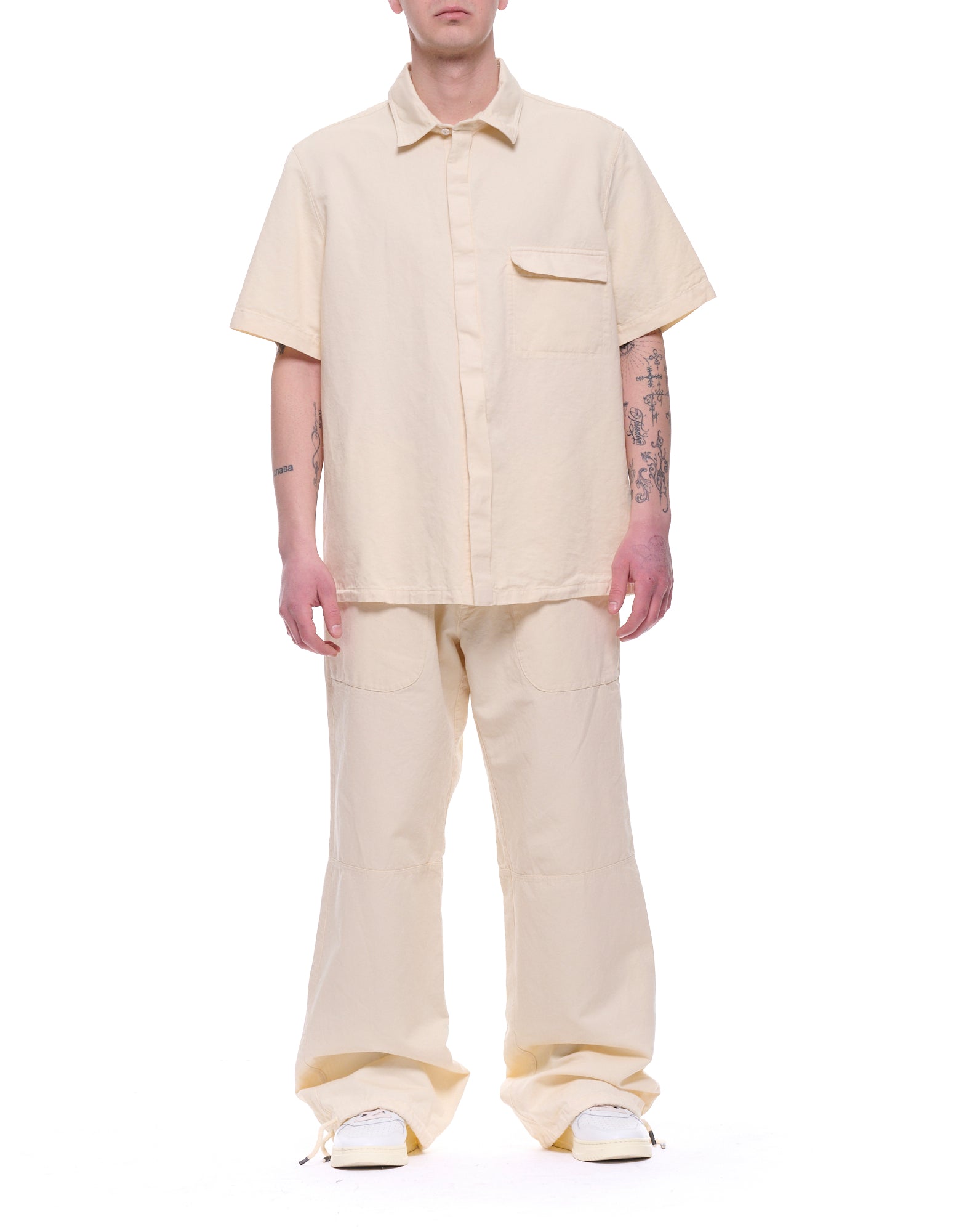 White Loose Fit Twill Hemp Bowling Shirt